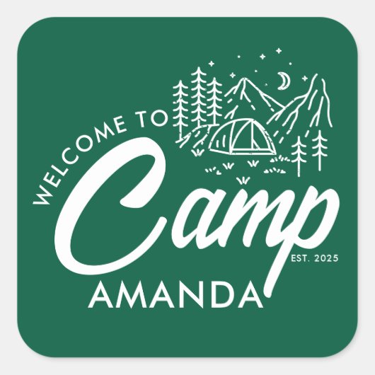Personalisierter Camp-Junggeselinnen-Abschied Quadratischer Aufkleber (Vorderseite)