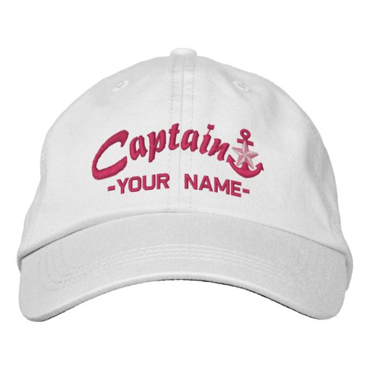 Personalisierter Captain Star Anchor Name Fuchsia Bestickte Baseballkappe (Vorderseite)