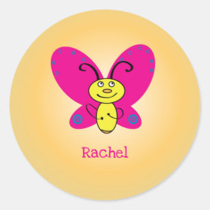 Personalisierter Cartoon Butterfly mit Namen Runder Aufkleber