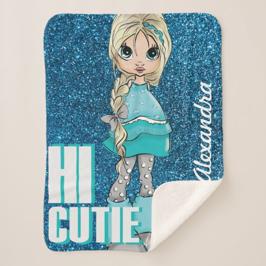 Personalisierter Cartoon Girl mit Glitzer Sherpadecke (Vorderseite)