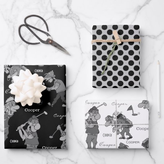 Personalisierter Cartoon Golfers Geschenkpapier Set (Vorderseite)