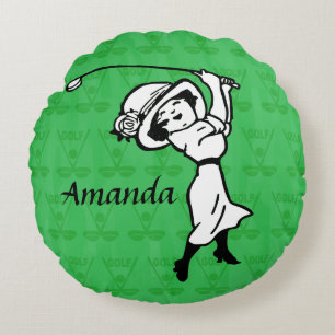 Personalisierter Cartoon Lady Golfer Rundes Kissen