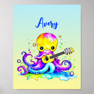 Personalisierter Cartoon-Oktopus, der Gitarre spie Poster