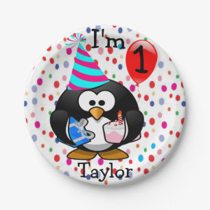 Personalisierter Cartoon Pinguin 1. Geburtstagsfei Pappteller