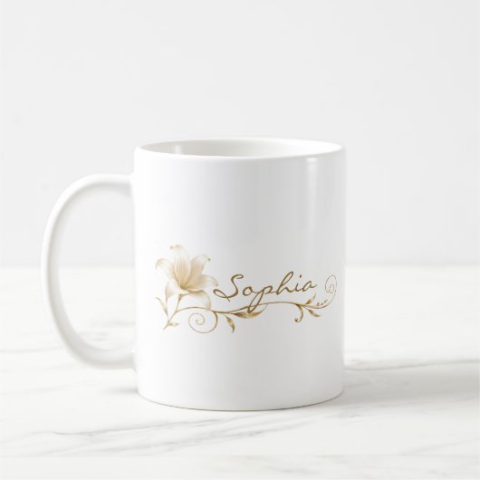 Personalisierter Champagner-Gold-Lilien-Namensbech Kaffeetasse (Links)