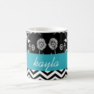 Personalisierter Chevron & Floral Türkis Weiß & Sc Kaffeetasse