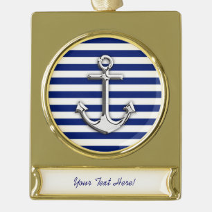 Personalisierter Chrome-Anker auf Navy-Streifen Banner-Ornament Gold
