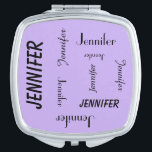 Personalisierter Compact Mirror, Namenswiederholun Taschenspiegel<br><div class="desc">Dieser personalisierte Kompaktspiegel ist mit Ihrem Namen versehen, der schwarze Buchstaben wiederholt, in verschiedenen Schriftart, in verschiedenen Größen, alle in einem hellen lila Hintergrund. Einfach zu personalisieren - einfach den Namen an einem Ort ändern. Was für ein wunderbares Geschenk für Brautmädchen, Lehrer-Wertschätzung oder irgendeinen besondere Anlass. Unterstützt Text mit bis...</div>