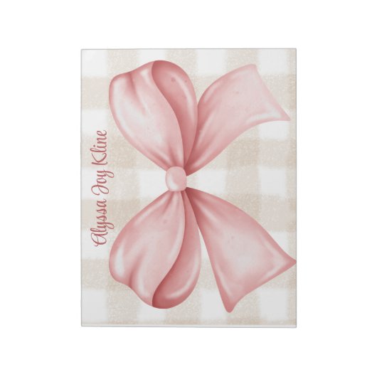 Personalisierter Coquette-Bogen-Gingham-Hintergrun Notizblock (Rotiert)