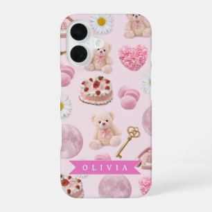 Personalisierter Coquette-Teddybär Rosa Ästhetik iPhone 16 Hülle