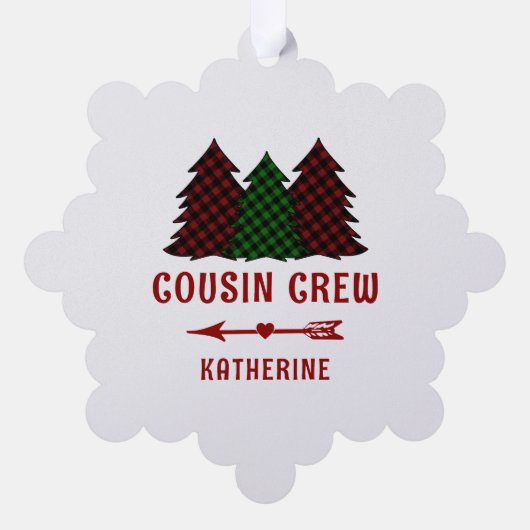 Personalisierter Cousin Crew Karierte Weihnachtsbä Ornament Karte (Rückseite)