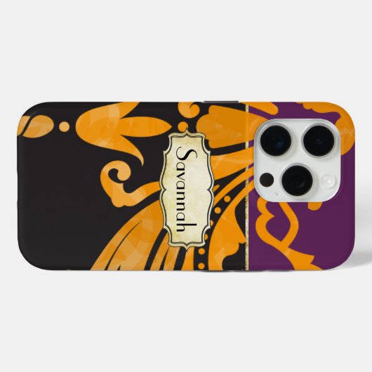 Personalisierter Damask Lila Gelbe Goldflora Case-Mate iPhone Hülle (Rückseite (Horizontal))