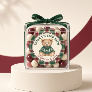 Personalisierter Danke Snow Much Teddybär Tartan Runder Aufkleber