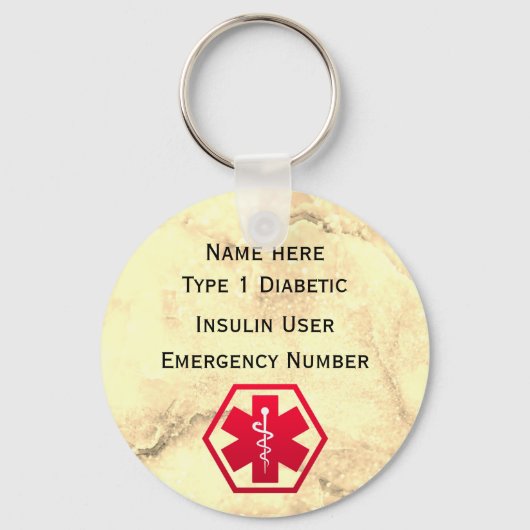 Personalisierter diabetischer Warnhinweis Typ 1 od Schlüsselanhänger (Vorderseite)