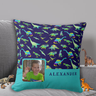 Personalisierter Dinosauriername Foto Blau Kissen