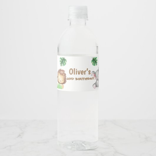 Personalisierter Dschungel Wasserfarbene Tiere Fla Wasserflaschenetikett (Vorderseite)