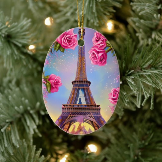 Personalisierter Eiffelturm Rosa Rose Weihnachten Keramik Ornament (Baum)