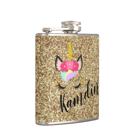 Personalisierter Einhorn-Gold-Glitzer-Flasche Flachmann (Rechts)