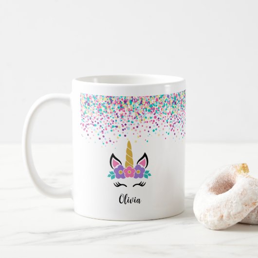 Personalisierter Einhorn-Konfetti-Becher – Pünktch Kaffeetasse (Mit Donut)