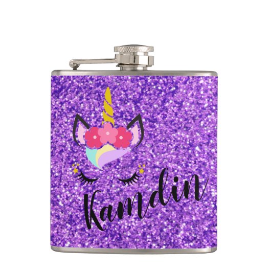 Personalisierter Einhorn Lila Glitzer Flasche Flachmann (Vorderseite)
