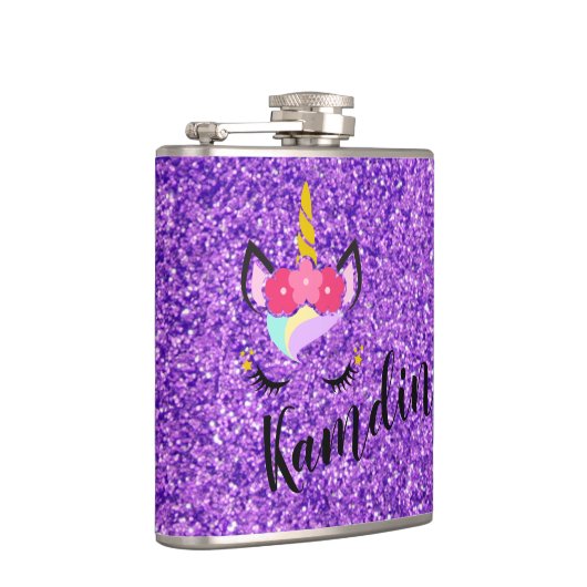 Personalisierter Einhorn Lila Glitzer Flasche Flachmann (Rechts)