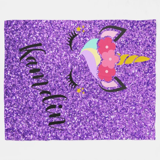 Personalisierter Einhorn Lila Glitzer Fleece Throw (Vorderseite (Horizontal))