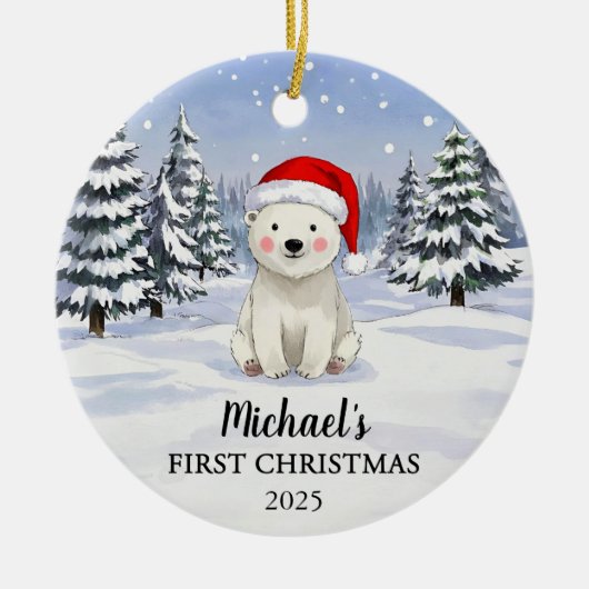 Personalisierter Eisbär-Babys-Christmas-Schmuck Keramik Ornament (Vorne)