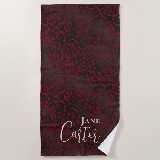 Personalisierter Elegant Dark Red Black Leopard Strandtuch (Vorderseite)