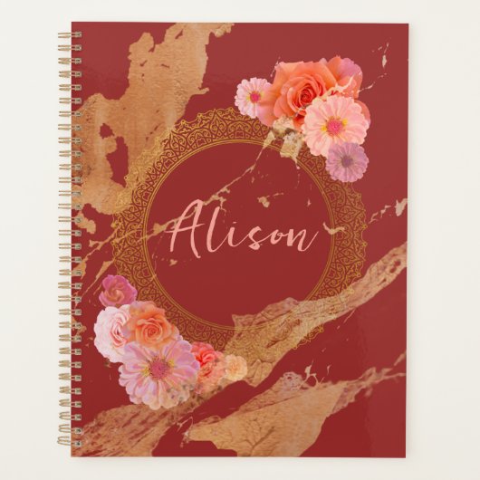 Personalisierter, eleganter, floraler Damast Golde Planer (Vorderseite)