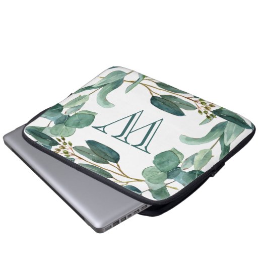 Personalisierter Eleganter Mit Monogramm Eukalyptu Laptopschutzhülle (Vorne Knopf)
