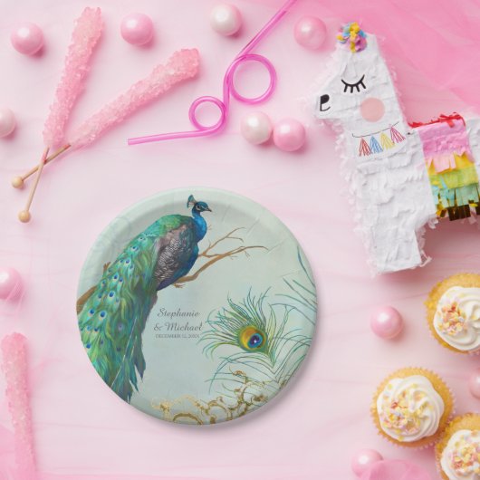 Personalisierter eleganter Pfau auf Pappteller (Party)