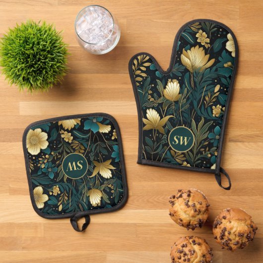 Personalisierter Emerald Gold Floral Oven Mitt & P Ofenhandschuh & Topflappen-Set (Oben Unten)