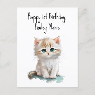 Personalisierter erster Geburtstag Kitten mit blau Postkarte