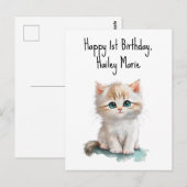 Personalisierter erster Geburtstag Kitten mit blau Postkarte (Vorne/Hinten)
