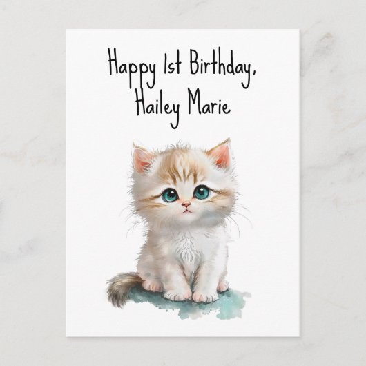 Personalisierter erster Geburtstag Kitten mit blau Postkarte (Vorderseite)