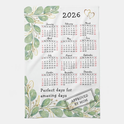 Personalisierter Eukalyptus 2026 Kalender Geschirrtuch (Vertikal)