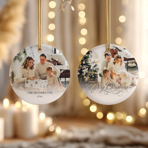 Personalisierter Familien-2-Foto-Frohe-Weihnachten Keramik Ornament