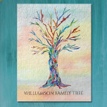 Personalisierter Familienbaum Puzzle<br><div class="desc">Dieses moderne Puzzle ist mit einem farbenfrohen Familienbaum-Design auf einem Aquarell-Hintergrund dekoriert. Einfach mit Ihrem Familiennamen anpassbar. Weil wir unsere Kunstwerke erstellen,  werden Sie dieses exakte Bild von anderen Designern nicht finden. Original Mosaik und Wasserfarbe © Michele Davies.</div>