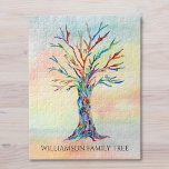 Personalisierter Familienbaum Puzzle<br><div class="desc">Dieses moderne Puzzle ist mit einem farbenfrohen Familienbaum-Design auf einem Aquarell-Hintergrund dekoriert. Einfach mit Ihrem Familiennamen anpassbar. Weil wir unsere Kunstwerke erstellen,  werden Sie dieses exakte Bild von anderen Designern nicht finden. Original Mosaik und Wasserfarbe © Michele Davies.</div>