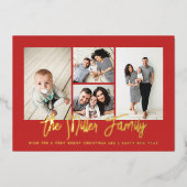 Personalisierter Familienname 4 FotoCollage Folien Feiertagskarte (Vorderseite)