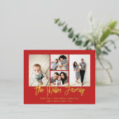 Personalisierter Familienname 4 FotoCollage Folien Feiertagspostkarte (Stehend vorne)