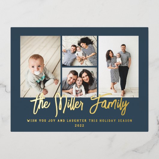 Personalisierter Familienname 4 FotoCollage Folien Feiertagspostkarte (Vorderseite)