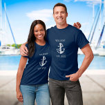 Personalisierter Familienname Anker T-Shirt<br><div class="desc">Ein nautisches Design mit Anker,  stilvollen marineblauen,  blauen und weißen Streifen und personalisiert mit Ihrem Familiennamen oder Bootsnamen und festem Datum. Entwickelt von Thisisnotme©</div>