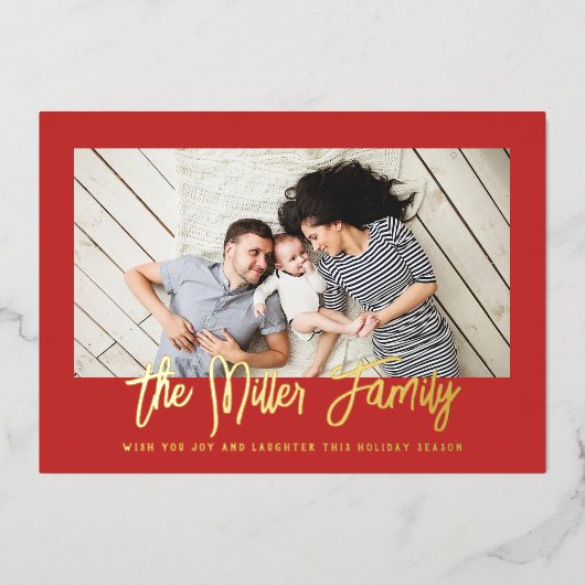 Personalisierter Familienname Foto rot Folien Feiertagskarte (Vorderseite)