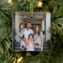 Personalisierter Familienname & Foto Weihnachten Keramikornament