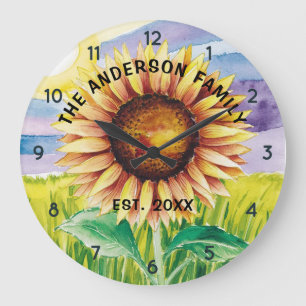 Personalisierter Familienname Sonnenblumenwasser Große Wanduhr