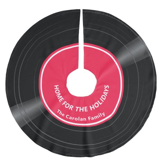 Personalisierter Familienname Vinyl Record Red Polyester Weihnachtsbaumdecke (Vorderseite)