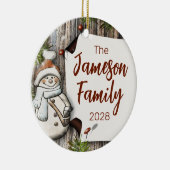 Personalisierter Familienname Weihnachtsschneemann Keramik Ornament (Rechts)