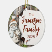 Personalisierter Familienname Weihnachtsschneemann Keramik Ornament (Links)