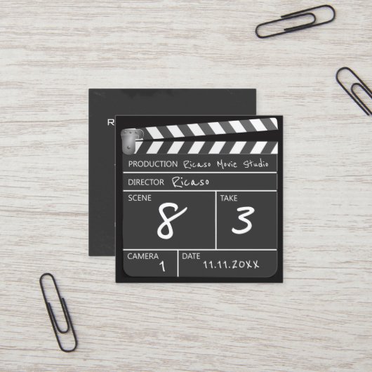 Personalisierter Film Clapperboard Quadratische Visitenkarte (Vorderseite/Rückseite Beispiel)